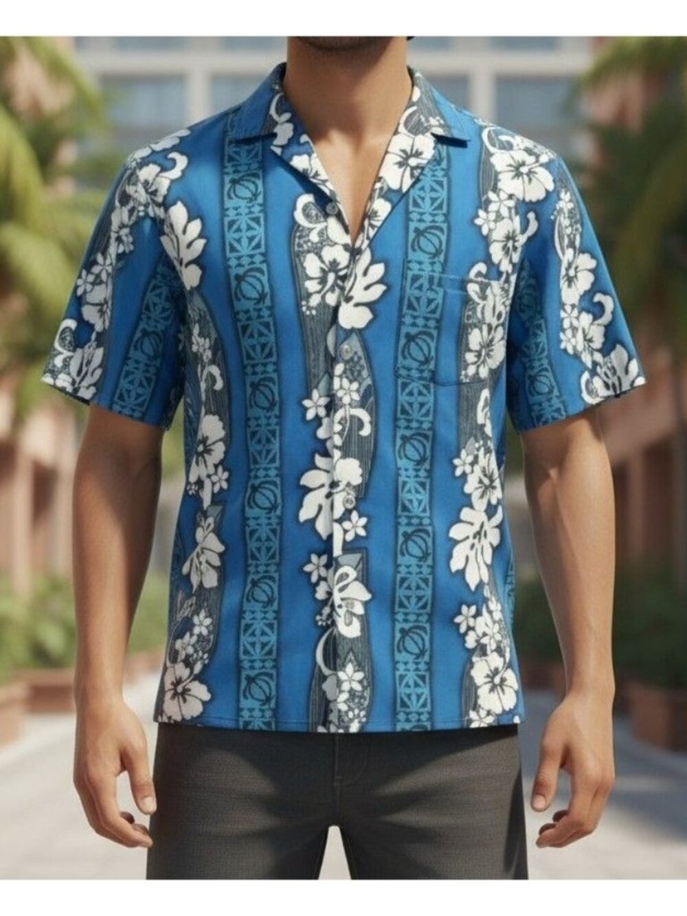 Mens Hawaiian Shirt Vintage Royal Creations Blue Floral Short Sleeve Shirt Large